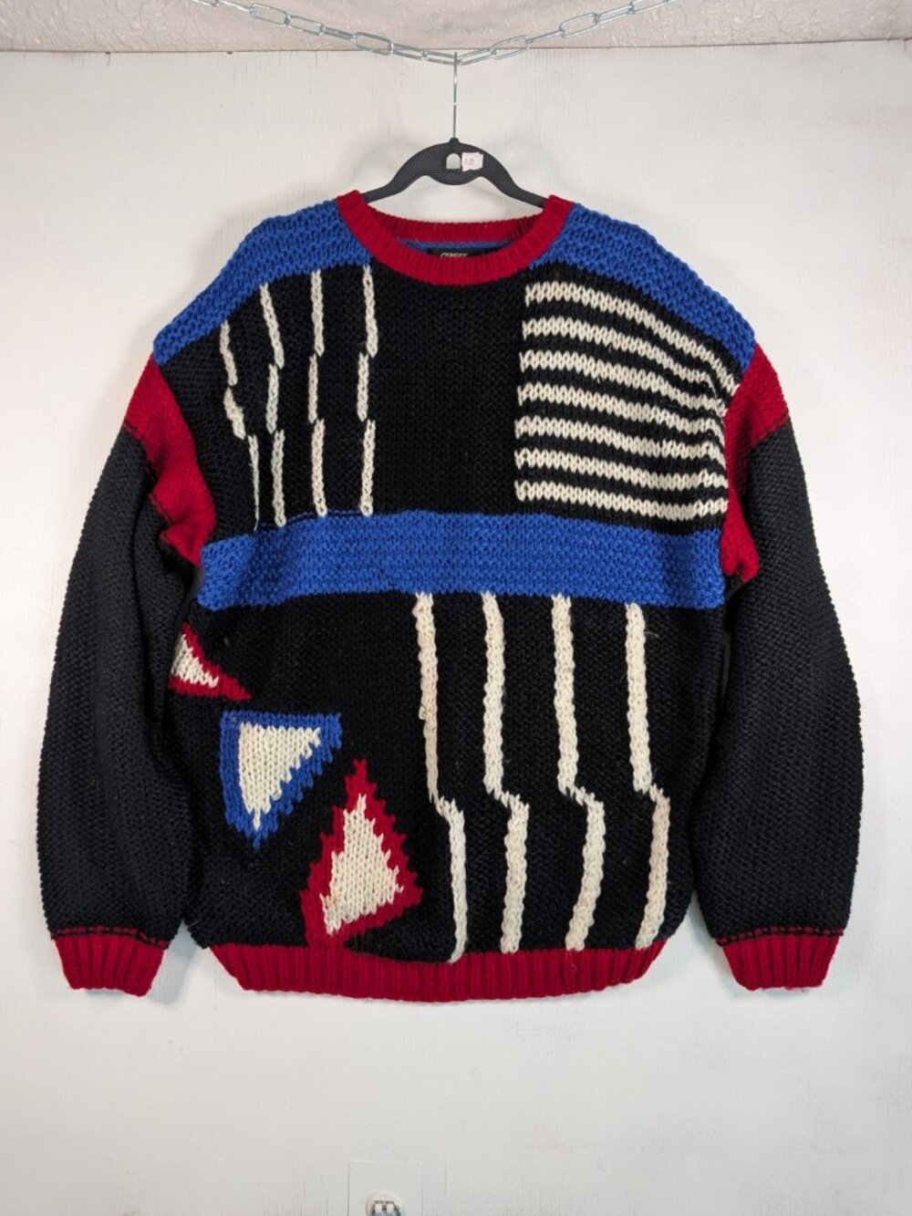 Vintage 90s Colorblock Geometric Knit Sweater XL Street Scenes Black Red Blue